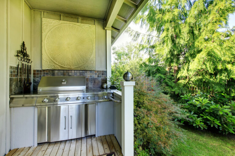 Outdoor kitchen area with zebra rug and plants.