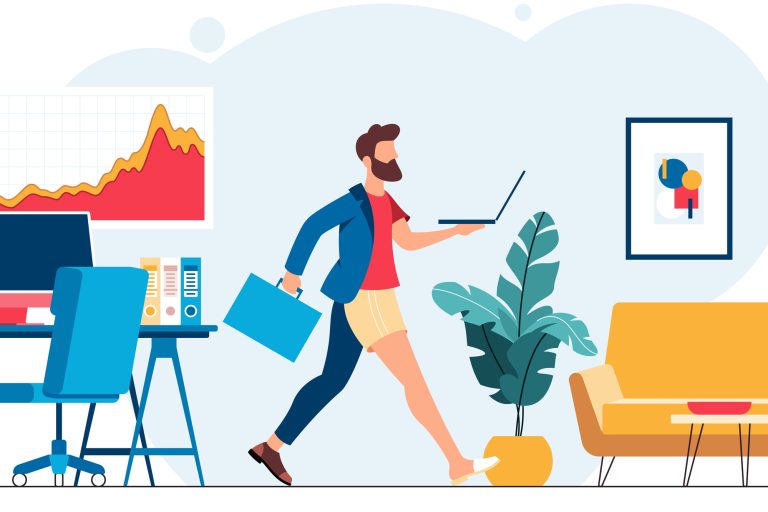 Hybrid work, flat vector illustration and working from home
