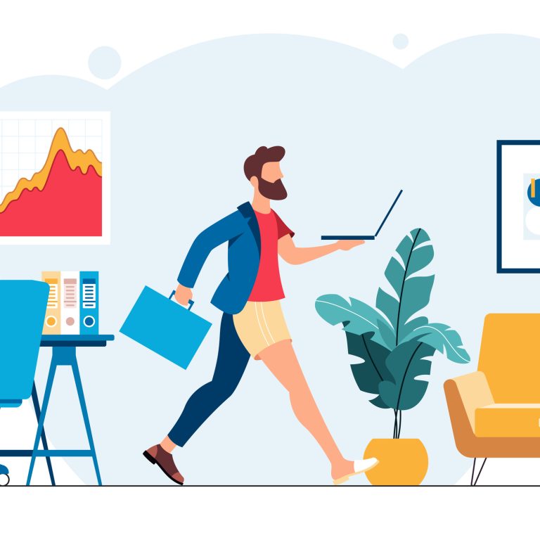 Hybrid work, flat vector illustration and working from home